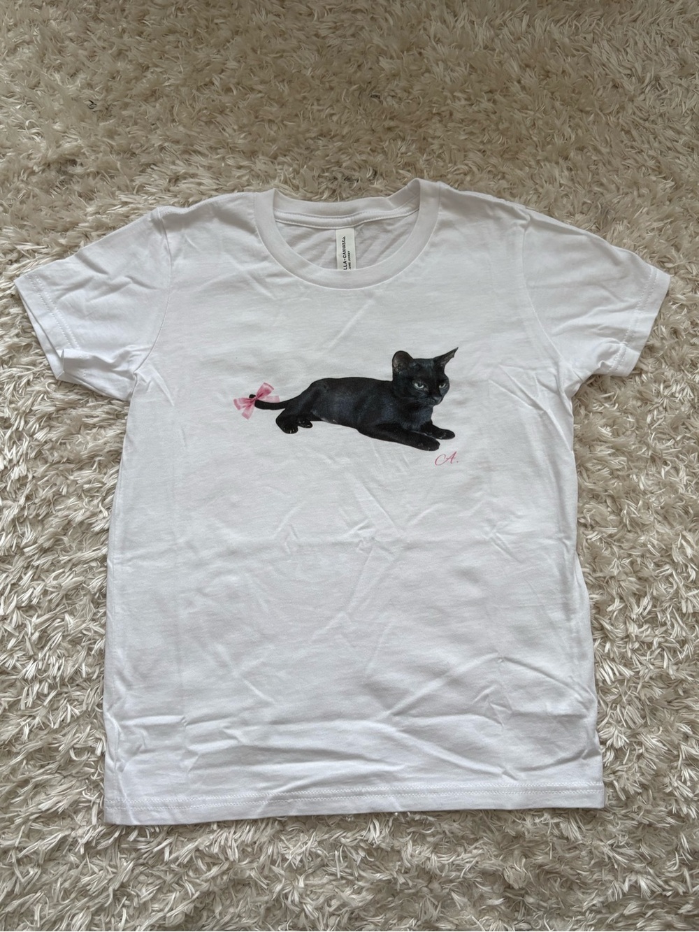 Bella Canvas White Tee with Black Cat and Pink Bow
